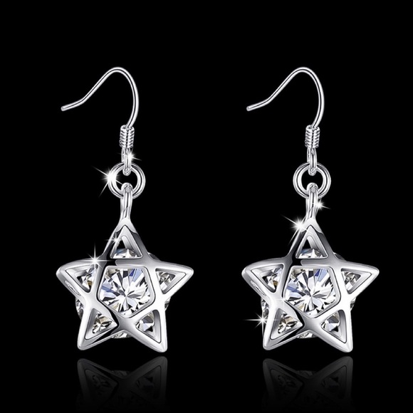 925 Silver Plated CZ Dangle Star Earrings - Picture 7 of 8